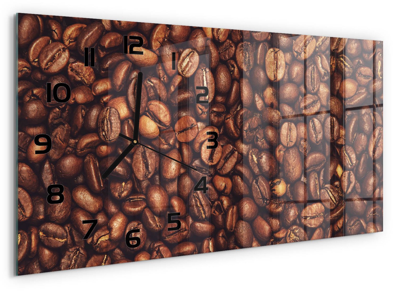 TULUP Wandklok - Koffiebonen Gekleurde Glazen Klok - 60x30 cm - Bruin Glazen Klok Met Print - Zwarte handen - Rechthoekige Klok - Moderne Wandklok Glas - Wandklok Glas Decoratie