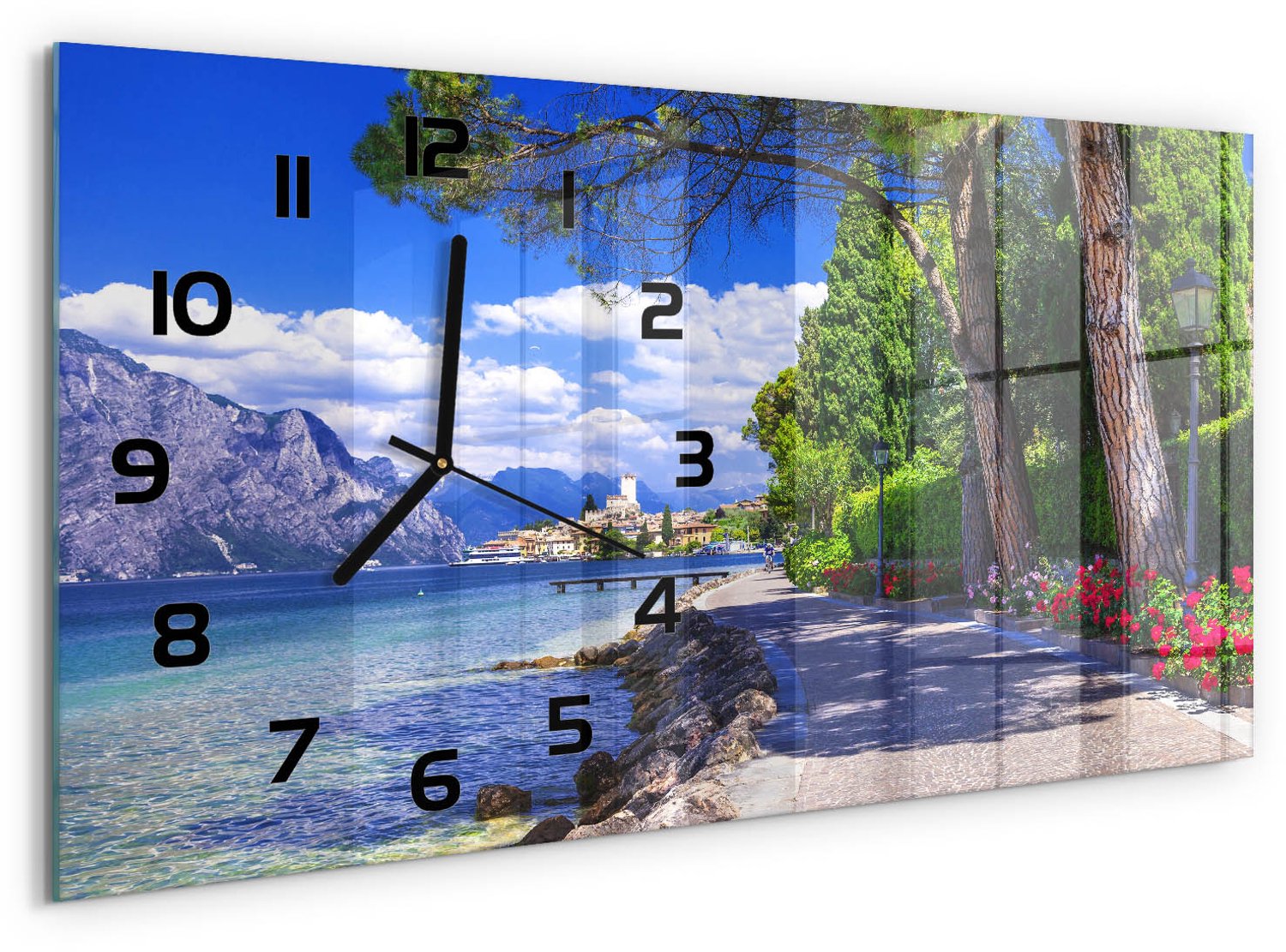 TULUP Wandklok - Noord-Italië Klok Glas Met Opdruk - 60x30 cm - Veelkleurig Moderne Wandklok Glas - Zwarte handen - Rechthoekige Klok - Decoratieve Glazen Klok - Glazen Wandklok Design