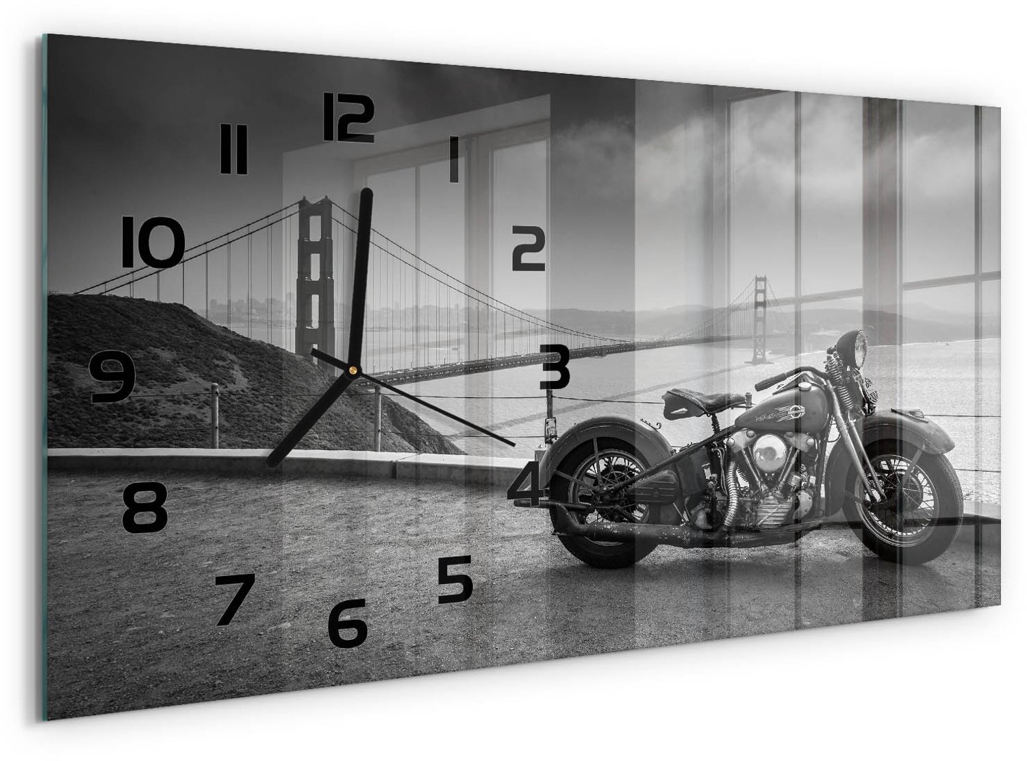 TULUP Wandklok - Motorfiets Moderne Wandklok Glas - 60x30 cm - Zwart-wit Wandklok Glas Decoratie - Zwarte handen - Rechthoekige Klok - Glazen Wandklok Design - Klok Glas Met Opdruk