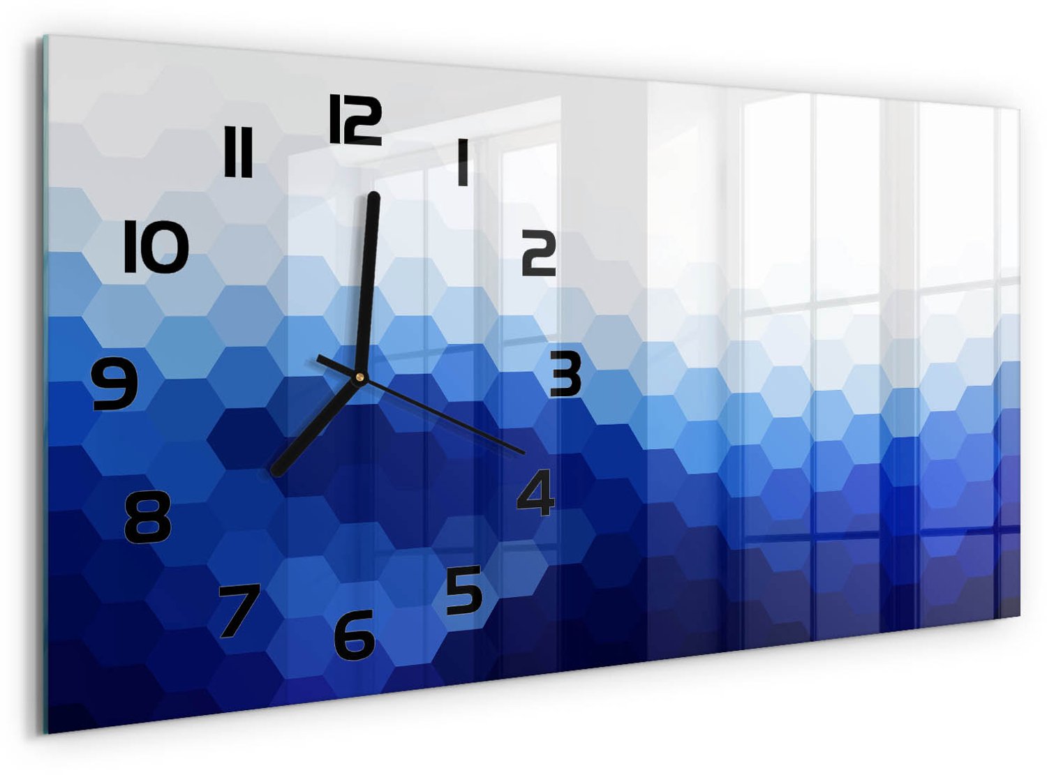 TULUP Wandklok - Kubusachtergrond Moderne Wandklok Glas - 60x30 cm - Blauw Wandklok Glas Decoratie - Zwarte handen - Rechthoekige Klok - Glazen Wandklok Design - Klok Glas Met Opdruk