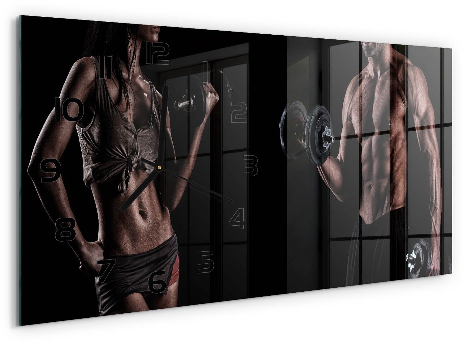 TULUP Wandklok - Spieropbouw Klok Glas Met Opdruk - 60x30 cm - Zwart Moderne Wandklok Glas - Zwarte handen - Rechthoekige Klok - Decoratieve Glazen Klok - Glazen Wandklok Design