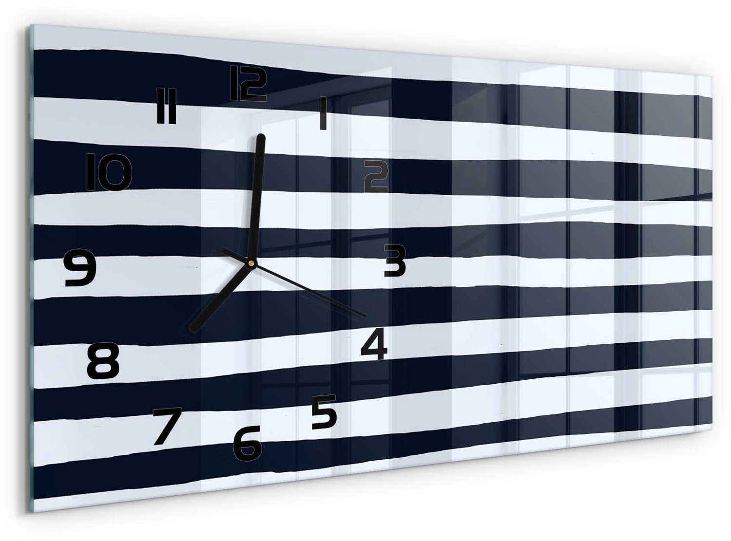 TULUP Wandklok - Gestreepte achtergrond Decoratieve Glazen Klok - 60x30 cm - Zwart-wit Glazen Wandklok Design - Zwarte handen - Rechthoekige Klok - Glazen Klok Met Print - Wandklok Glas Met Motief
