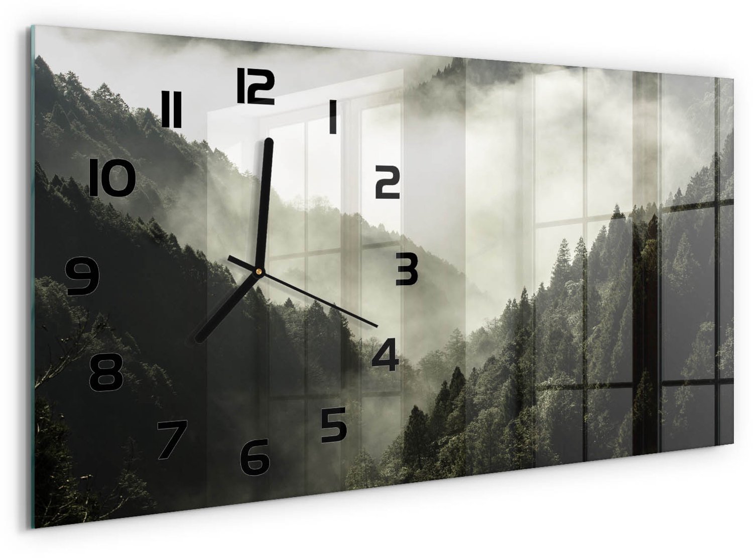TULUP Wandklok - Mist boven het bos Moderne Wandklok Glas - 60x30 cm - Zwart-wit Wandklok Glas Decoratie - Zwarte handen - Rechthoekige Klok - Glazen Wandklok Design - Klok Glas Met Opdruk