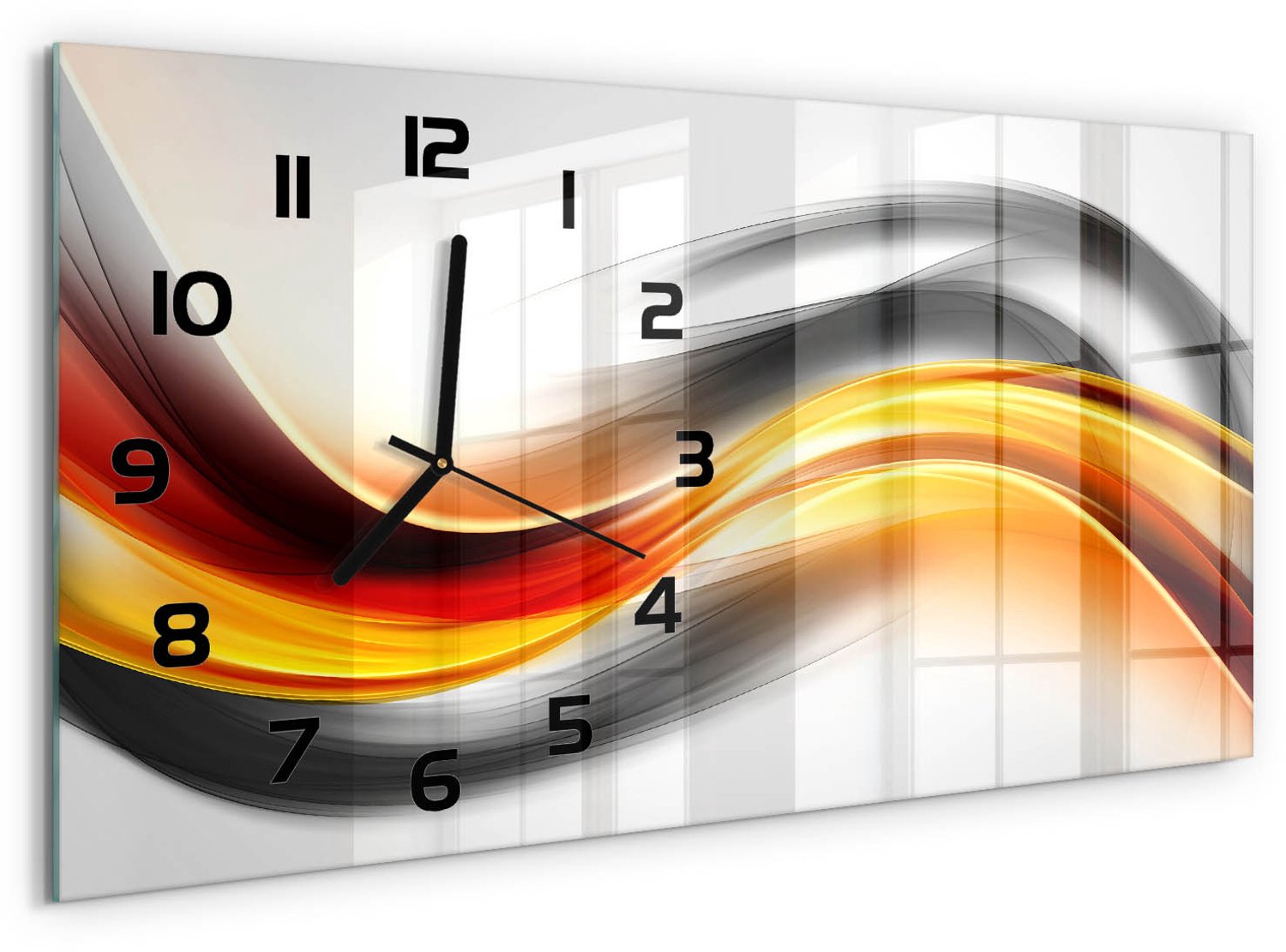 TULUP Wandklok - Golfabstractie Decoratieve Glazen Klok - 60x30 cm - Geel Glazen Wandklok Design - Zwarte handen - Rechthoekige Klok - Glazen Klok Met Print - Wandklok Glas Met Motief