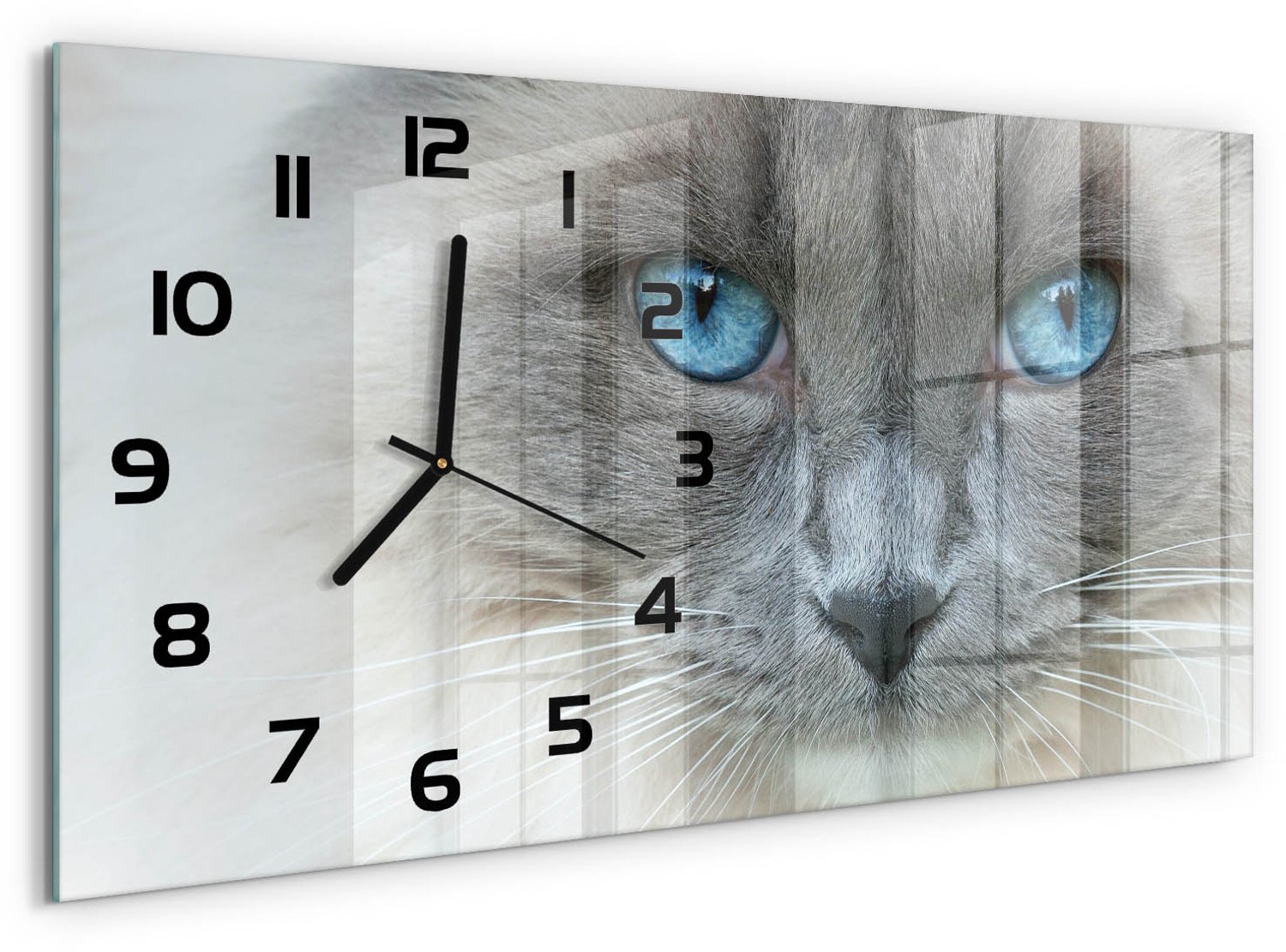 TULUP Wandklok - De kat met blauwe ogen Decoratieve Glazen Klok - 60x30 cm - Blauw Glazen Wandklok Design - Zwarte handen - Rechthoekige Klok - Glazen Klok Met Print - Wandklok Glas Met Motief