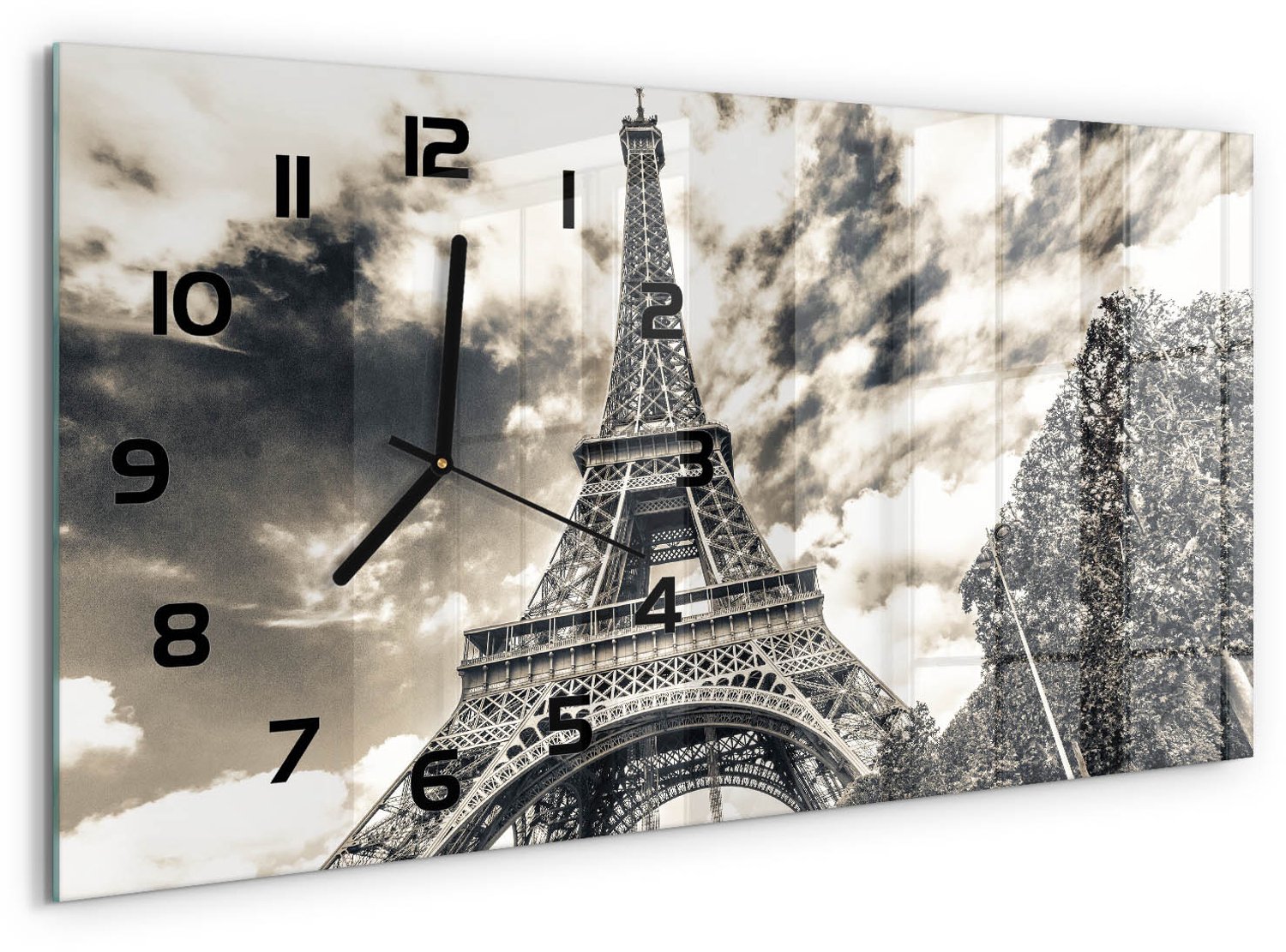 TULUP Wandklok - Eiffeltoren Parijs Wandklok Glas Decoratie - 60x30 cm - Zwart-wit Gekleurde Glazen Klok - Zwarte handen - Rechthoekige Klok - Klok Glas Met Opdruk - Moderne Wandklok Glas