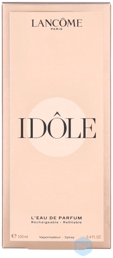 Doos Lancôme Idôle L'Eau de Parfum 100ml in lichtroze met gouden accenten. Tekst 'IDÔLE' prominent.