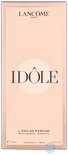 Doos Lancôme Idôle L'Eau de Parfum 100ml in lichtroze met gouden accenten. Tekst 'IDÔLE' prominent.