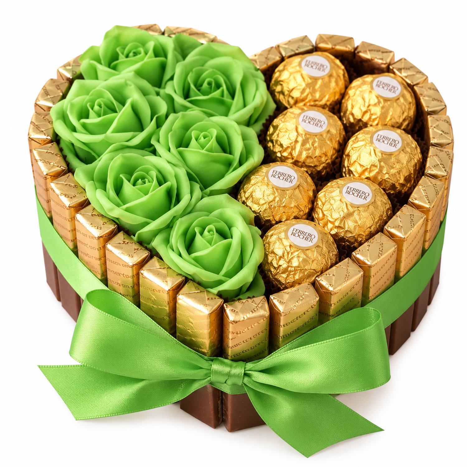 Nina's Giftshop® Chocolade Hart met Ferrero Rocher & Groene Rozen – Luxe Cadeau – Geschenk voor Haar of Hem