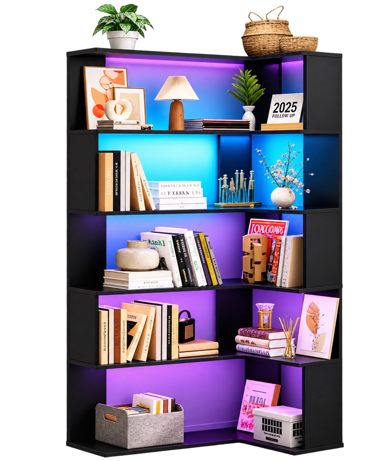 Vurnomi Boekenkast - Hoekkast - Open kast - Hoekrek - Opbergkast - Wandkast - Display kast - Slaapkamer kasten - 5 laags - LED -
