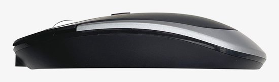 Zwarte computer muis met zilveren accenten en een ergonomische vorm.