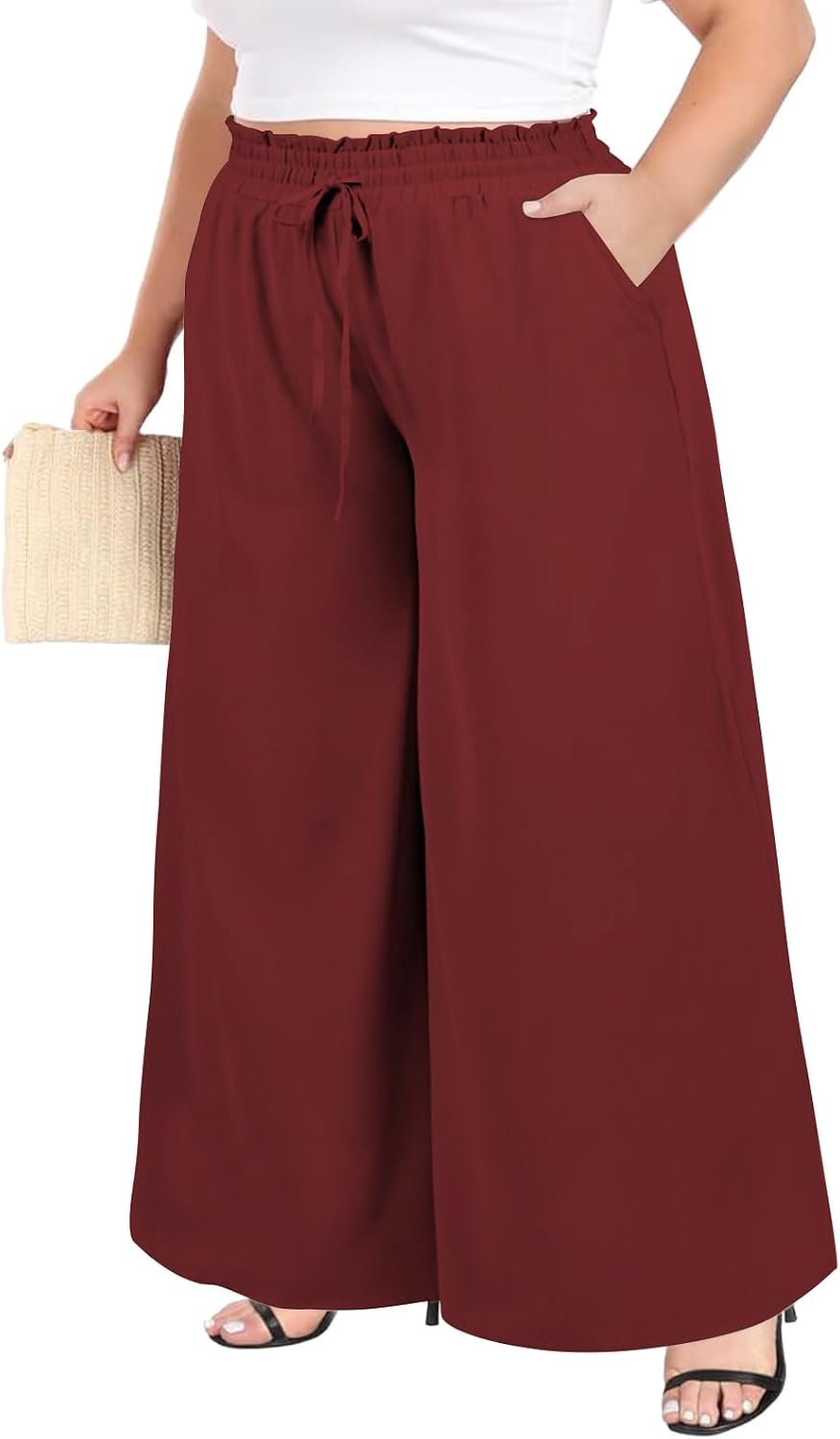 Broek Dames Lange Zomer Wijde Pijpen Stoffen Palazzo Broek Hoge Taille Boho Damesbroek met Ruches en Zakken Grote Maten