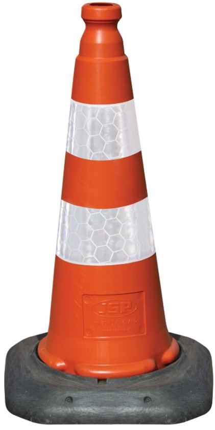 Oranje JSP verkeerskegel van 50 cm met reflecterende witte banden met honingraatpatroon en zwarte verzwaarde voet.