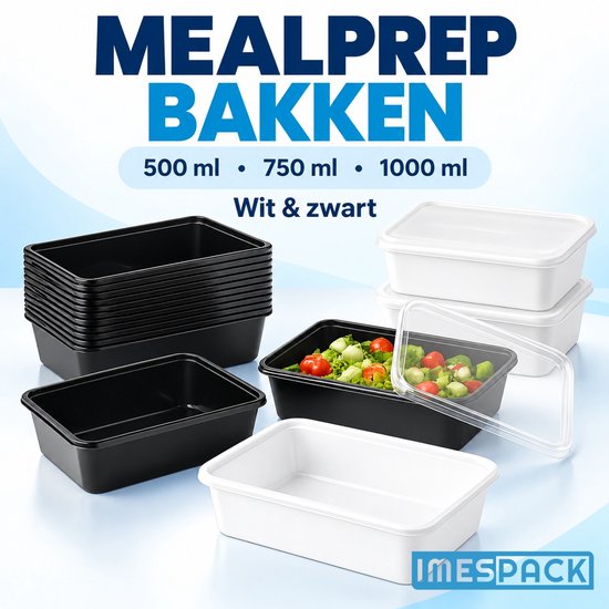 Zwarte en witte maaltijdbakjes van IMES PACK in verschillende maten met transparante deksels en een salade.