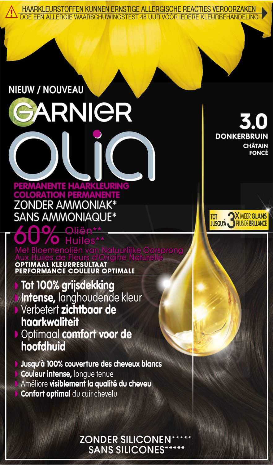 Bol.com Garnier Olia Donkerbruin 3 - Permanente Haarkleuring Zonder Ammoniak - Tot 100% grijsdekking - Intense langhoudende kleu... aanbieding