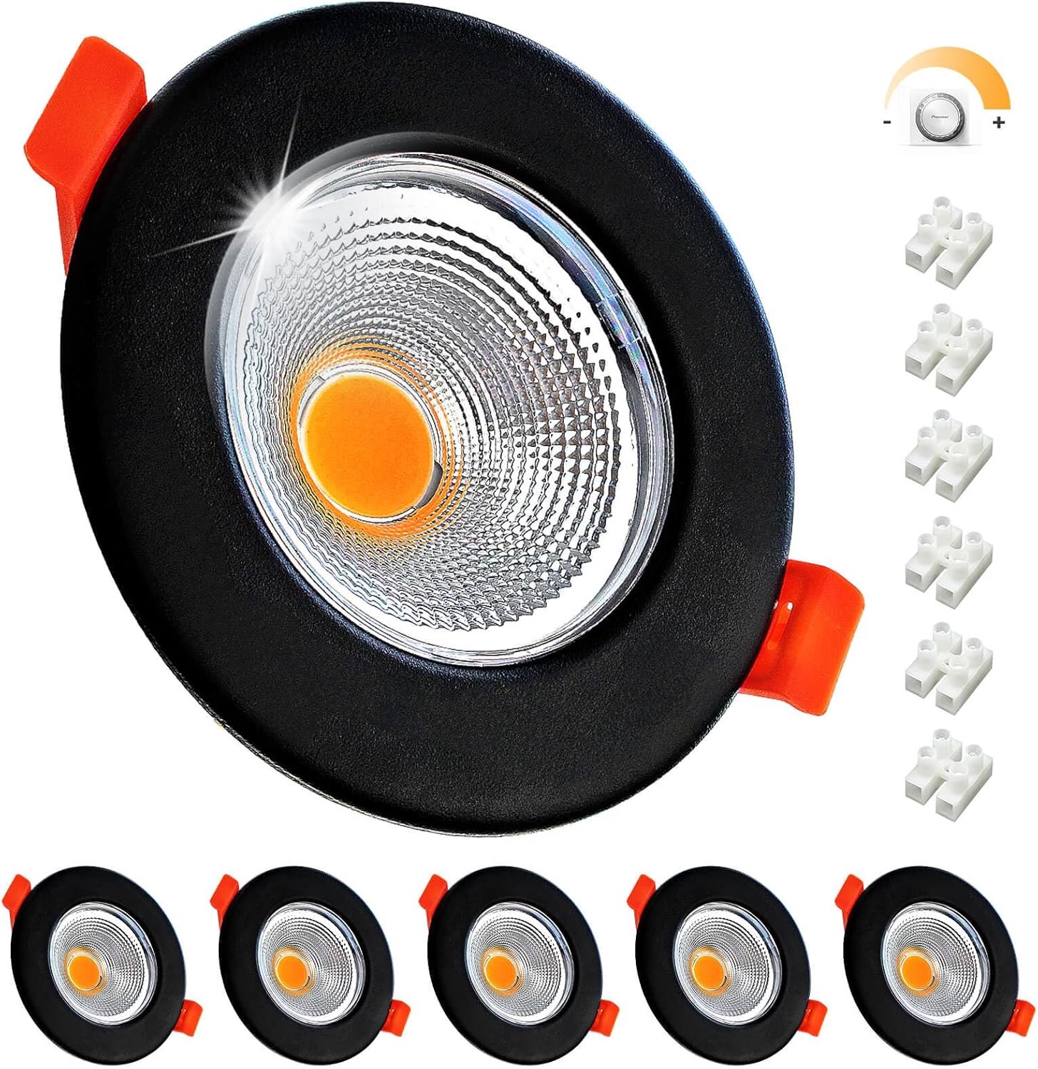 Set van 6 led-spots, 10 W, dimbaar, COB-set, 65 mm, 230 V, warm wit, 3000 K, inbouwverlichting, zwart, mat, inbouwspots voor keuken en woonkamer