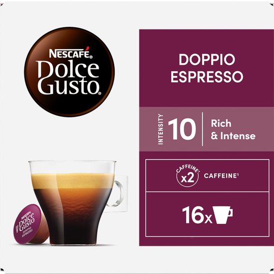 NESCAFÉ Dolce Gusto Doppio Espresso koffiecups, 16 stuks, met een kop vol espresso.