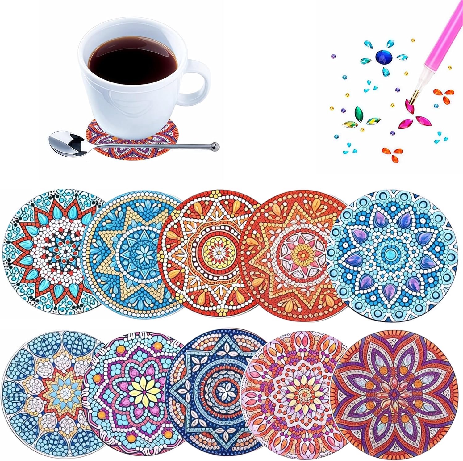 Diamond Painting - Diamant Schilderen Onderzetters Set - Onderzetters – Houten Kork Basis - met Houder - Set van 10 – DIY Creatief Knutselpakket voor Kinderen & Volwassenen