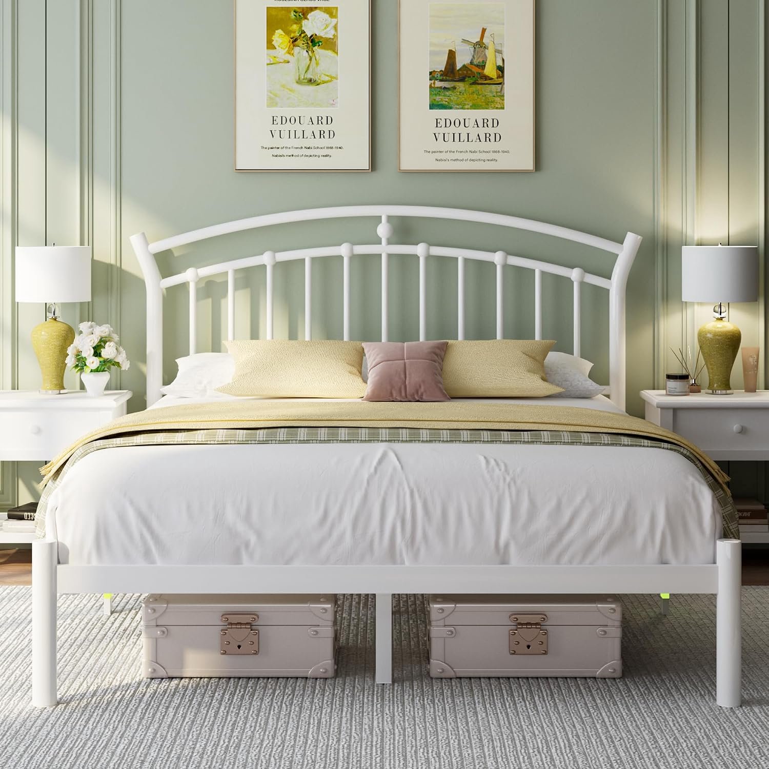 Metalen bedframe met retro hoofdeinde, geharde stalen buis, 30 cm opslag onder het bed, geen boxspring nodig, eenvoudige montage, wit