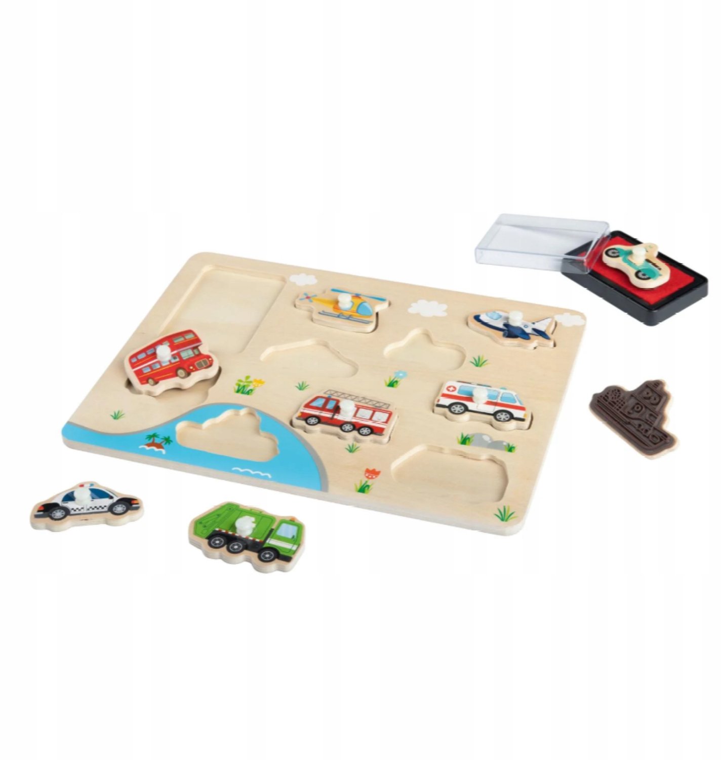 Houten Educatieve Puzzel & Stempels met Auto's - 11 Delen
