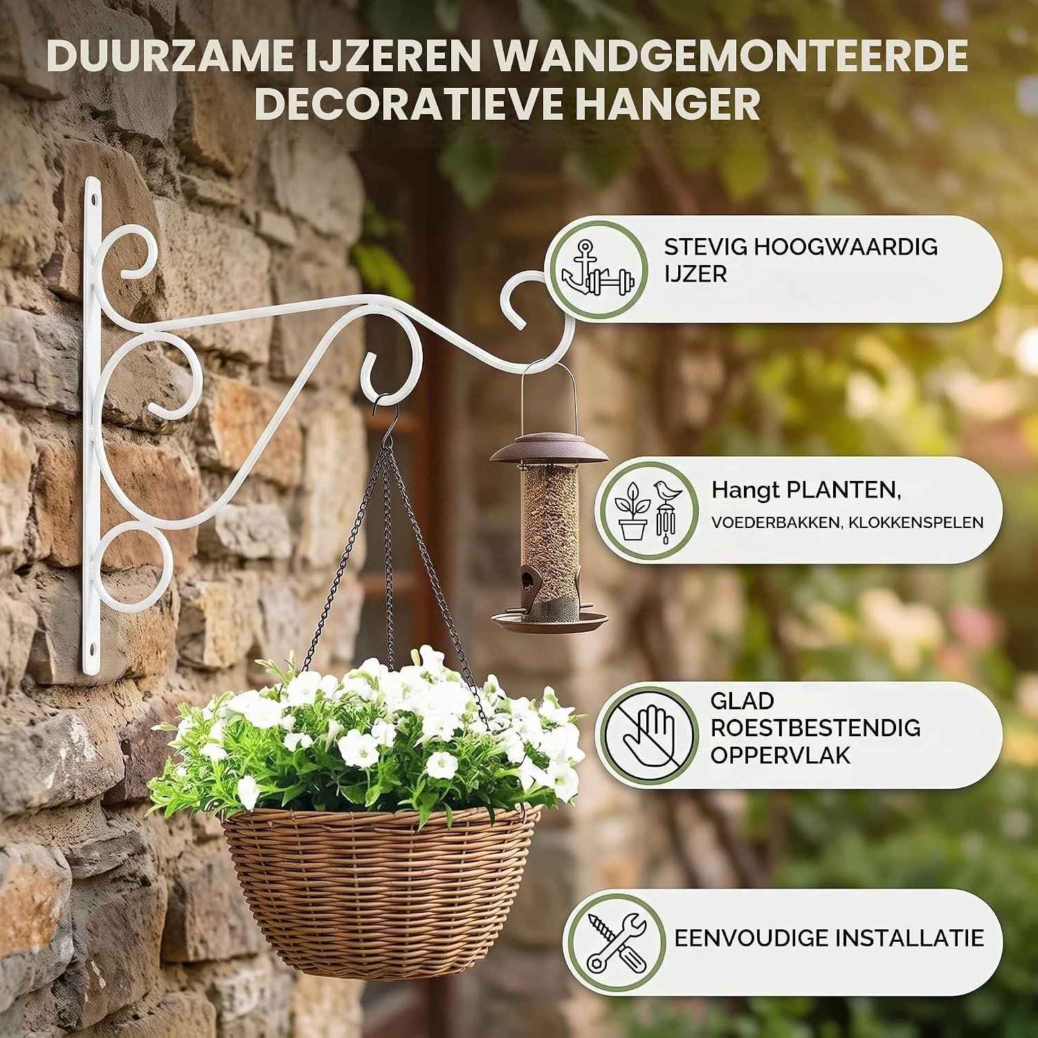 Famanu - Hangende plantenbeugel - Creëer ruimte voor je planten - Stevige wandmontage - Wit