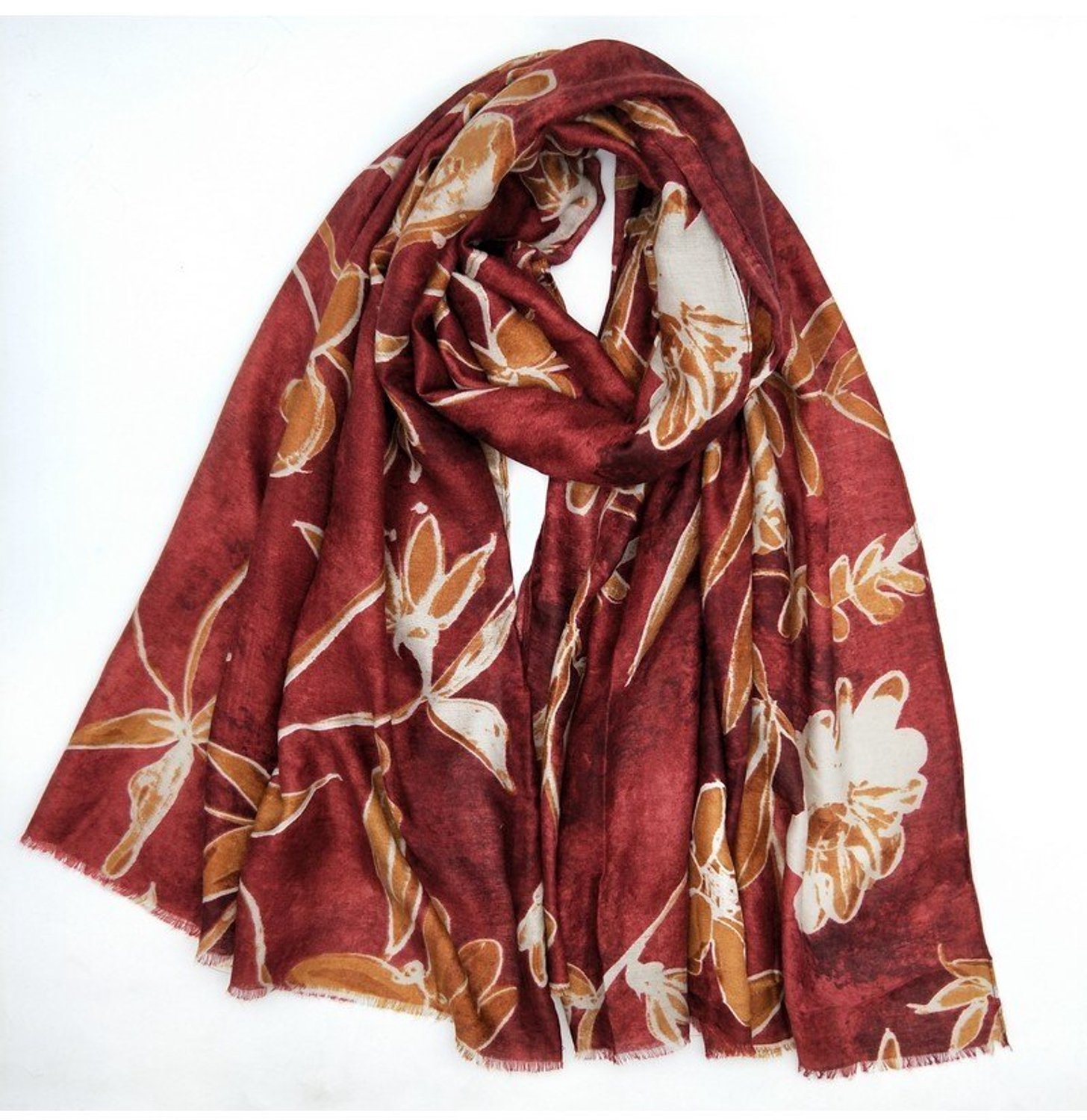 Lange dames sjaal Ingeborg-gebloemd motief-bordeaux rood wit bruin grijs port lichtbruin