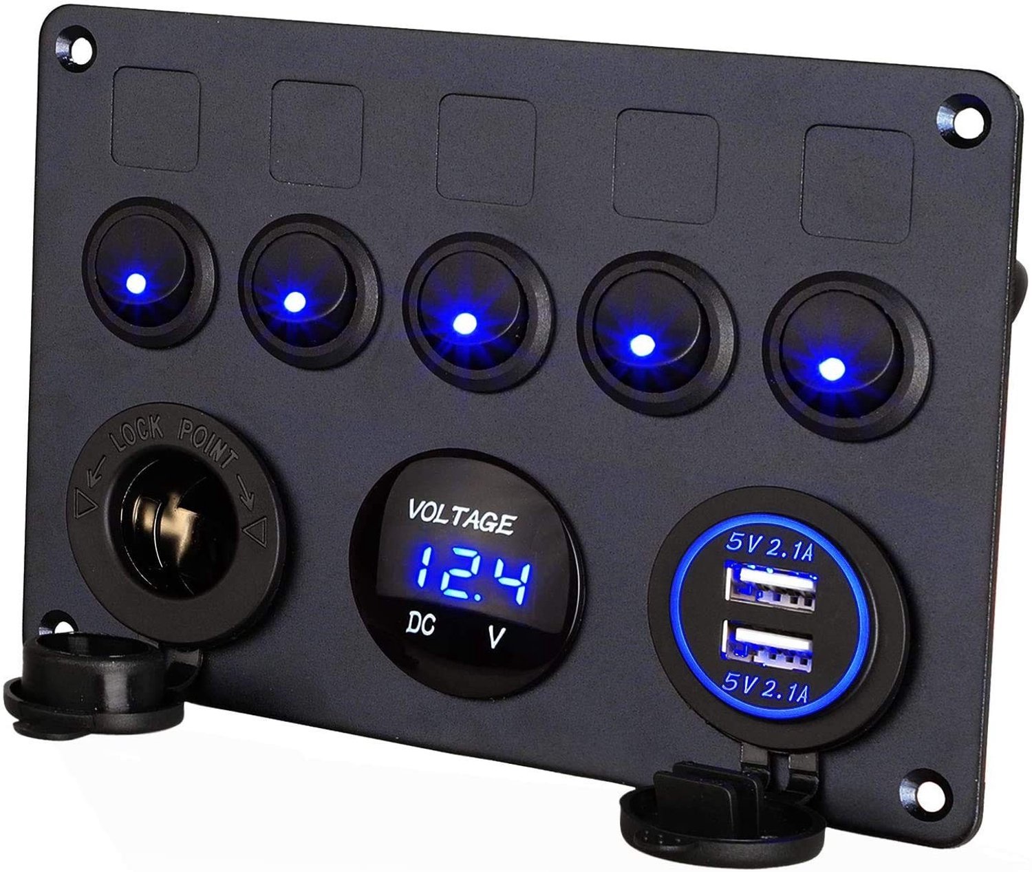 Schakelpaneel 12V/24V met 5 Wisselschakelaars, Dubbele USB Oplaadpoort, Waterdichte LED Spanningsmeter voor Boot, Auto, Caravan en Bouwvoertuigen