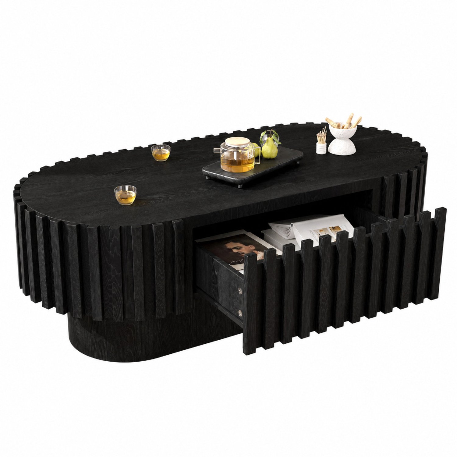 J.T.R Ovale salontafel met lade en verticale lamellen, houten salontafel 100 x 50 x 35,5 cm-Zwart.