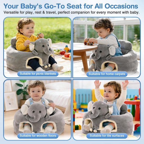Pluche Baby Zitstoel Olifant - Ergonomisch Babykussen voor Leren Zitten (5-24 Maanden) - Grijs - Gebruik Onder Toezicht — afbeelding 3