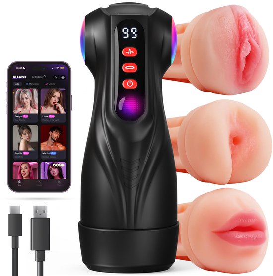 Nuvance Masturbator voor Man - Pocket Pussy met 3 Verwisselbare Sleeves - Vagina, Anus & Mond - Sex Toys voor Mannen Electrisch - 18 Standen - Vibratie & Zuigkracht - Vibrators voor Mannen