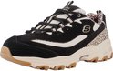Driekwart aanzicht van een zwarte en witte Skechers veter-sneaker met luipaarddetails.