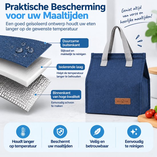 Lunchtas - Geïsoleerde Lunch Tas - Handige Draagtas voor Werk en School - Compacte Koeltas - Grote Opening met Klittenbandsluiting - 25,5 x 22,5 x 13 cm - Blauw — cadeau in Cadeau-ideeën - foto 7