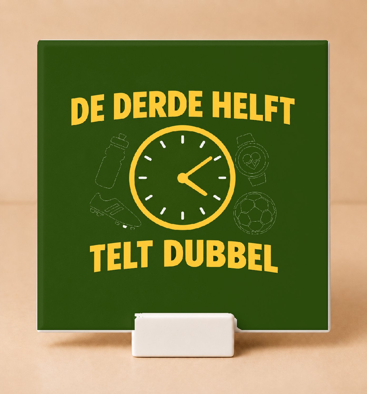 Bedruk King Strakke minimalistische Derde Helft Tegel – Stijlvolle wanddecoratie voor sportliefhebbers en voetbalfans - 11 x 11 cm met houder Wit