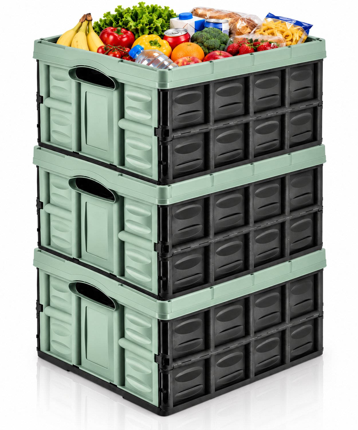 Vouwkrat 45 Liter – Set van 3 – Klapkrat – Opvouwbare Krat – Inklapbare Boodschappenkrat – Stapelbaar – 52,2 x 38,8 x 25,7 cm – Groen/Zwart