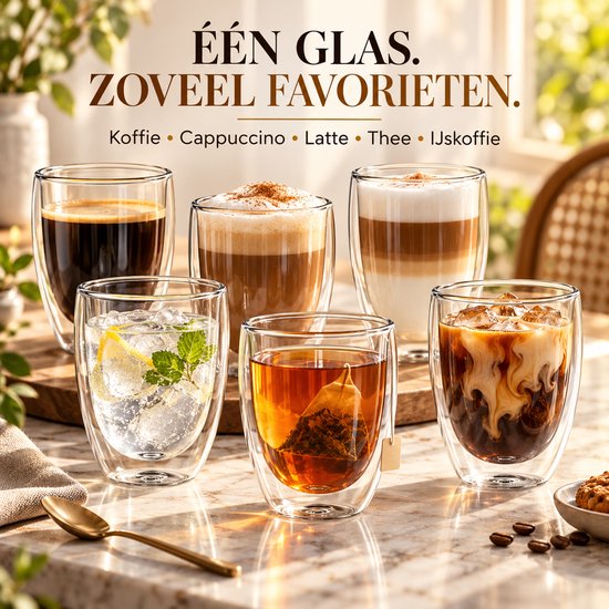 Dubbelwandige Koffieglazen Set van 6 - Theeglazen 350 ml - Borosilicaatglas - Dubbelwandige Theeglazen — cadeau in Koken & Dineren - foto 3