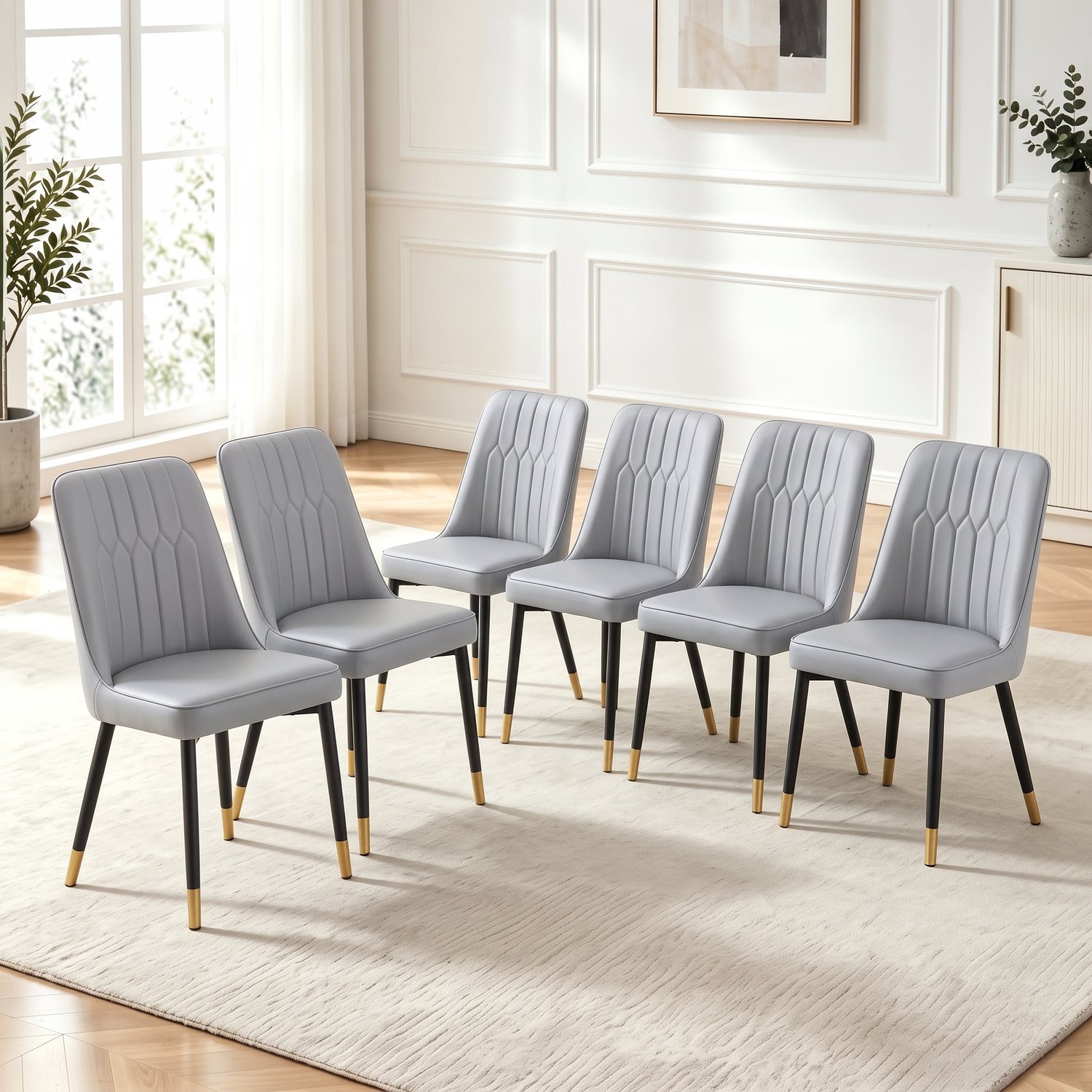 Clruro Eetkamerstoelen - Zitvlak 43×41,5 cm - Set van 6 - Zwarte Poten - PU/Metaal - Lichtgrijs