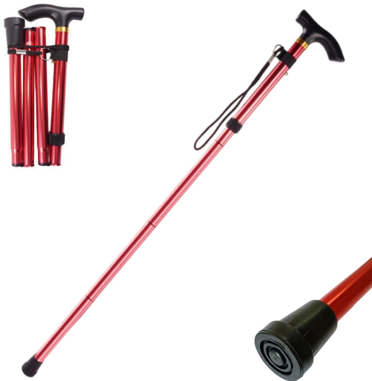 1 stuk - Opvouwbare wandelstok - Vijfdelige telescopische wandelstok - Lichtgewicht wandelstok - Antislip dop - Verstelbaar - Rood - Hoogte 85-95 cm - Geschikt voor wandelen, kamperen, bergbeklimmen en lange trektochten