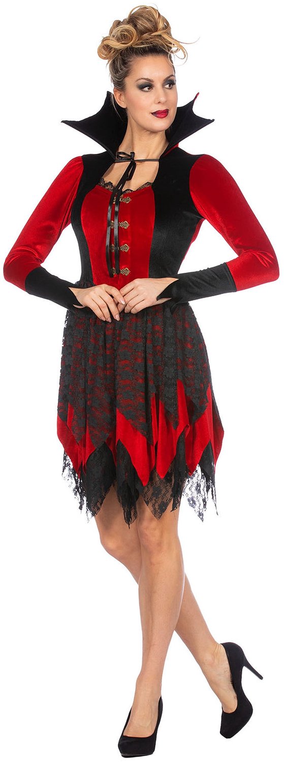 Wilbers Karnaval BV - Vampier kostuum luxe rood en zwart fluweel voor dames - 44