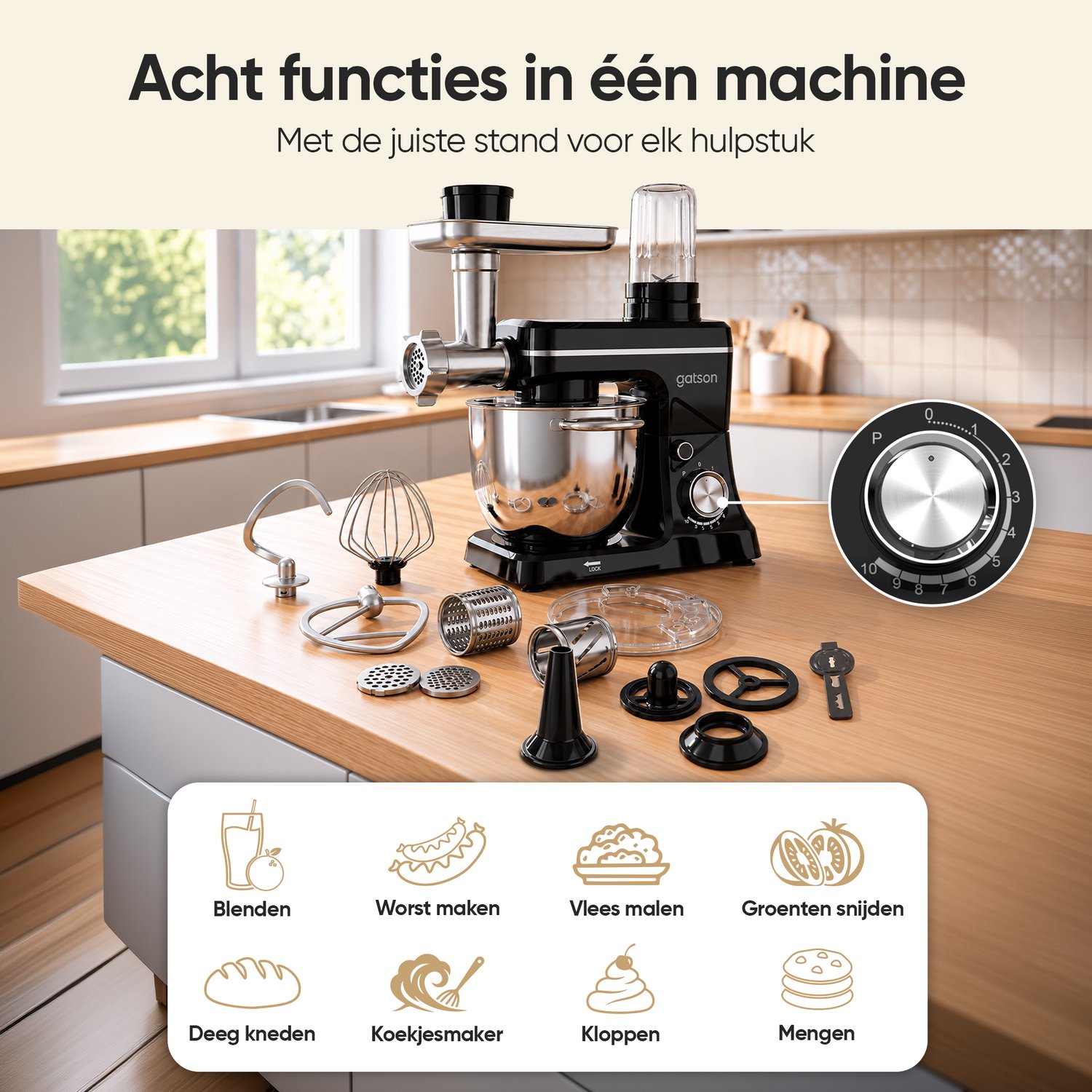 Gatson Multifunctionele Keukenmachine - Blender, Vleesmolen, Koekjesmaker & Groentesnijder - Keukenmixer - Keukenrobot - Foodprocessor - Mixer Met Mengkom thumbnail 4