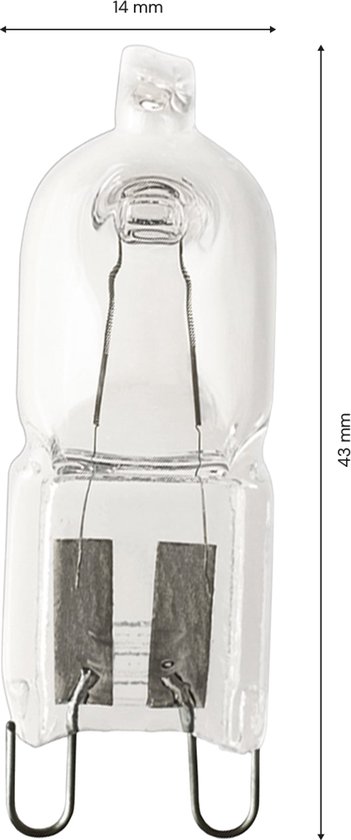 Transparante G9-halogeenlamp met 14 mm breedte en 43 mm hoogte, voorzien van twee lusvormige metalen voetjes.