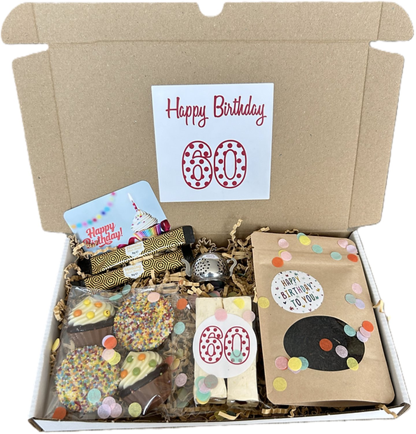 60 Verjaardag thee brievenbus cadeau - nougat - chocolade - honing - theezeefje