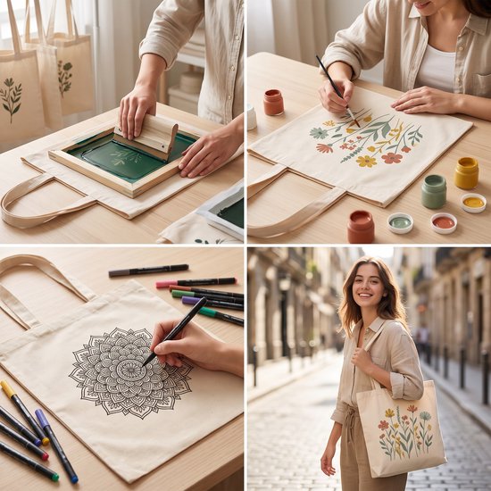 Katoenen tas in proces van zeefdrukken, beschilderen met bloemen en tekenen van mandala's door een glimlachende vrouw.