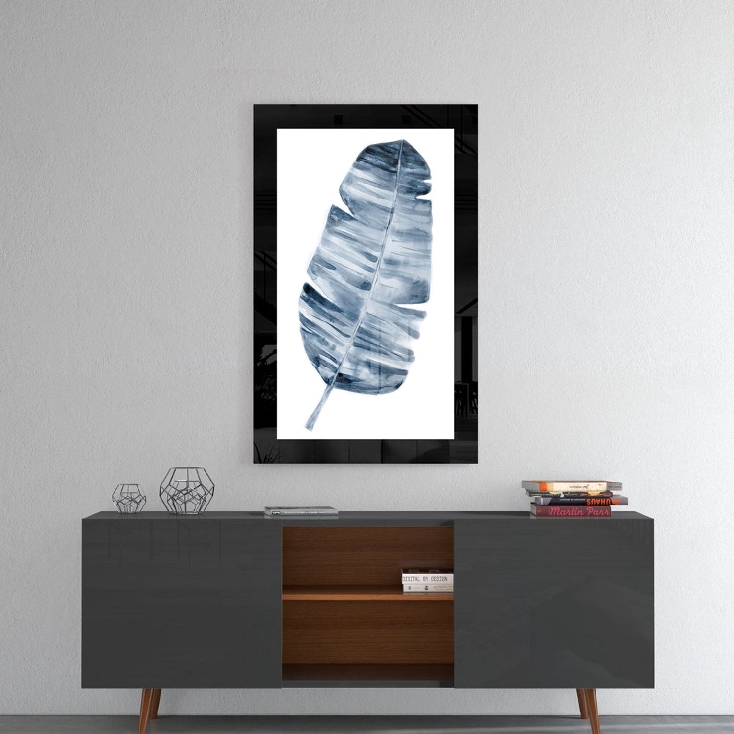 Glasschilderij – Marineblauw Waterverf Palmblad – Sfeervolle Wanddecoratie