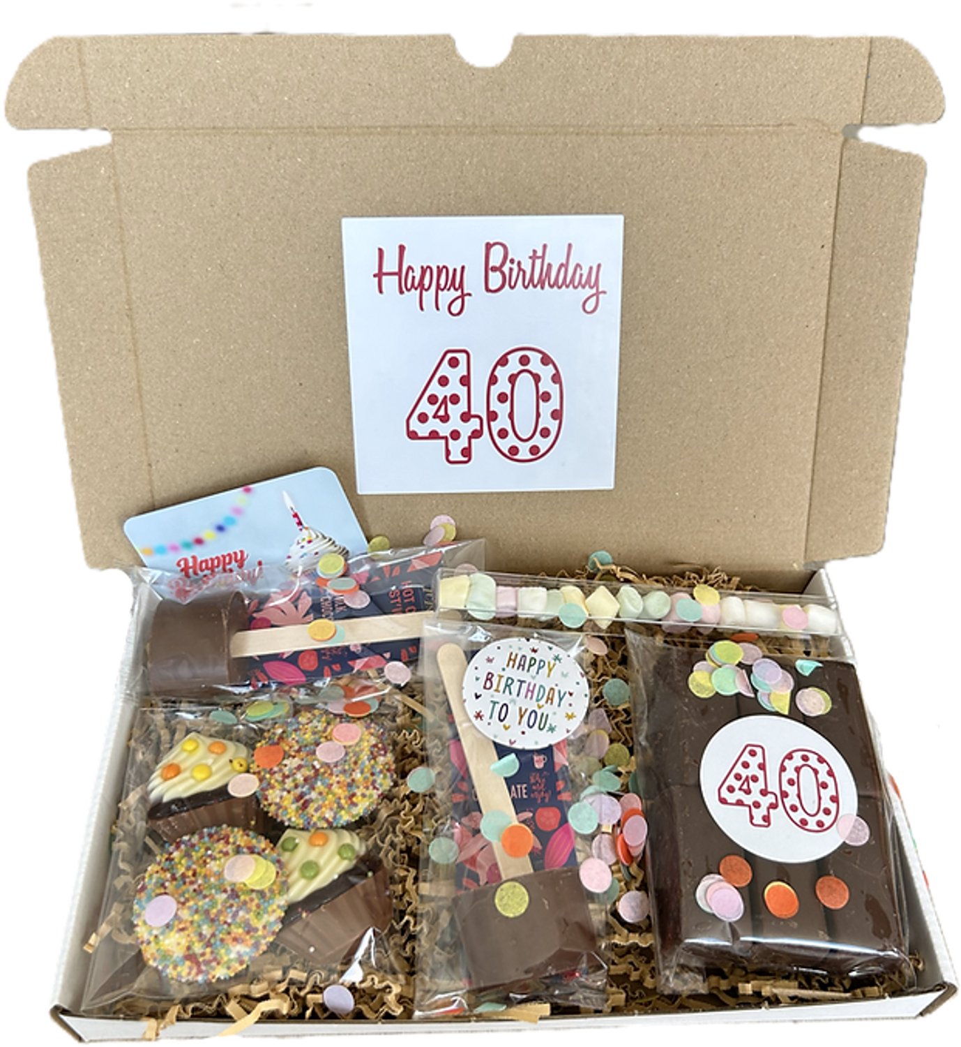 40 Verjaardag chocolade brievenbus cadeau - chocoladestick - marshamallows - cupcake
