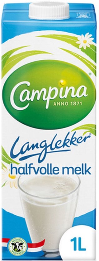 Campina Langlekker halfvolle melk in een wit en blauw pak van 1 liter met een afbeelding van een glas melk.
