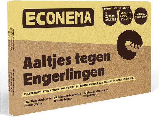 Gele Econema verpakking met 5 miljoen aaltjes tegen engerlingen, voor 10m² of 25+ kamerplanten.