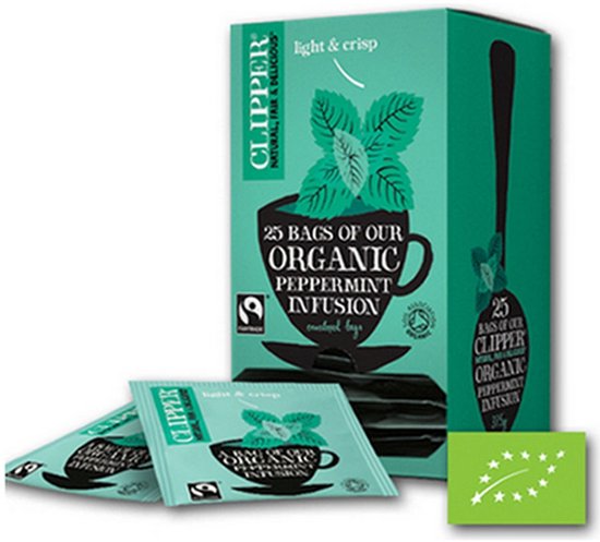 Groene doos en zakjes Clipper biologische muntthee, 25 stuks met Fairtrade en Europees biologisch keurmerk.