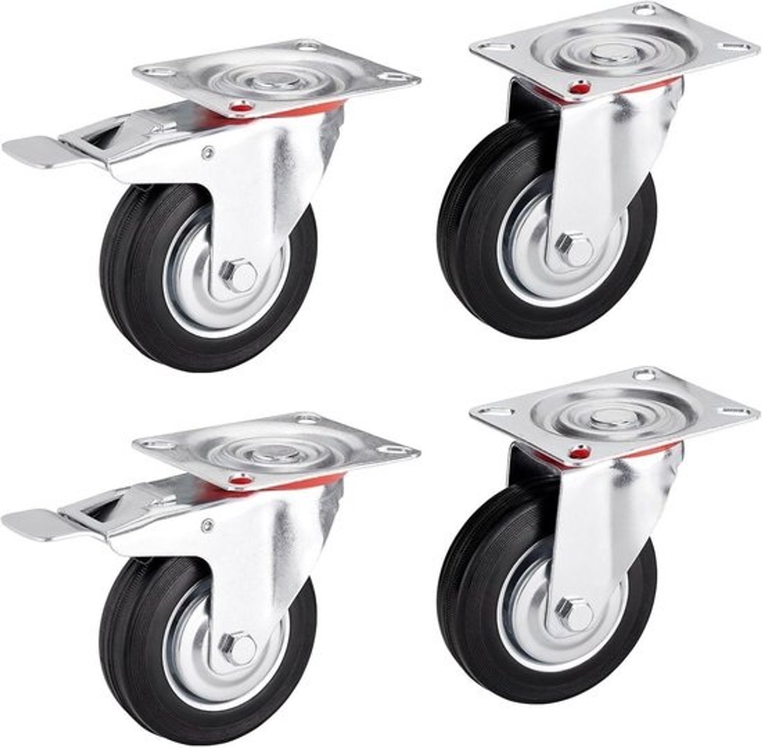 Set transportwielen - Zwenkwielen en vrijloopwielen - Meubels verplaatsen - Met rem - Diameter 200mm - Zwart