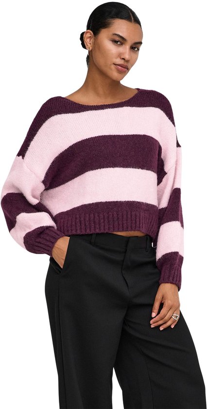 Model draagt een paars en roze gestreepte gebreide trui met zwarte broek.