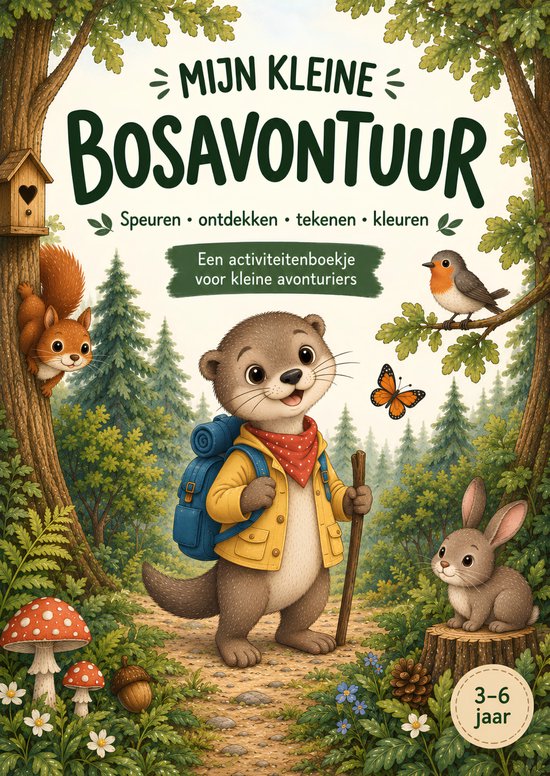 Cover 'Mijn kleine bosavontuur' met een otter in geel jasje, rugzak en wandelstok in een bos met dieren, 3-6 jaar.